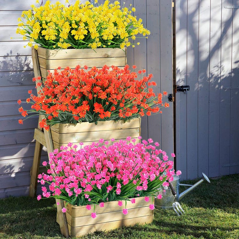 ArtBloom 8 Bundles Outdoor Artificial Fake Flowers UV Resistant Shrubs Plants, Faux Plastic Greenery for Indoor Outside Hanging Plants Garden Porch Window Box Home Wedding Farmhouse Decor (Orange Red) - Image 4